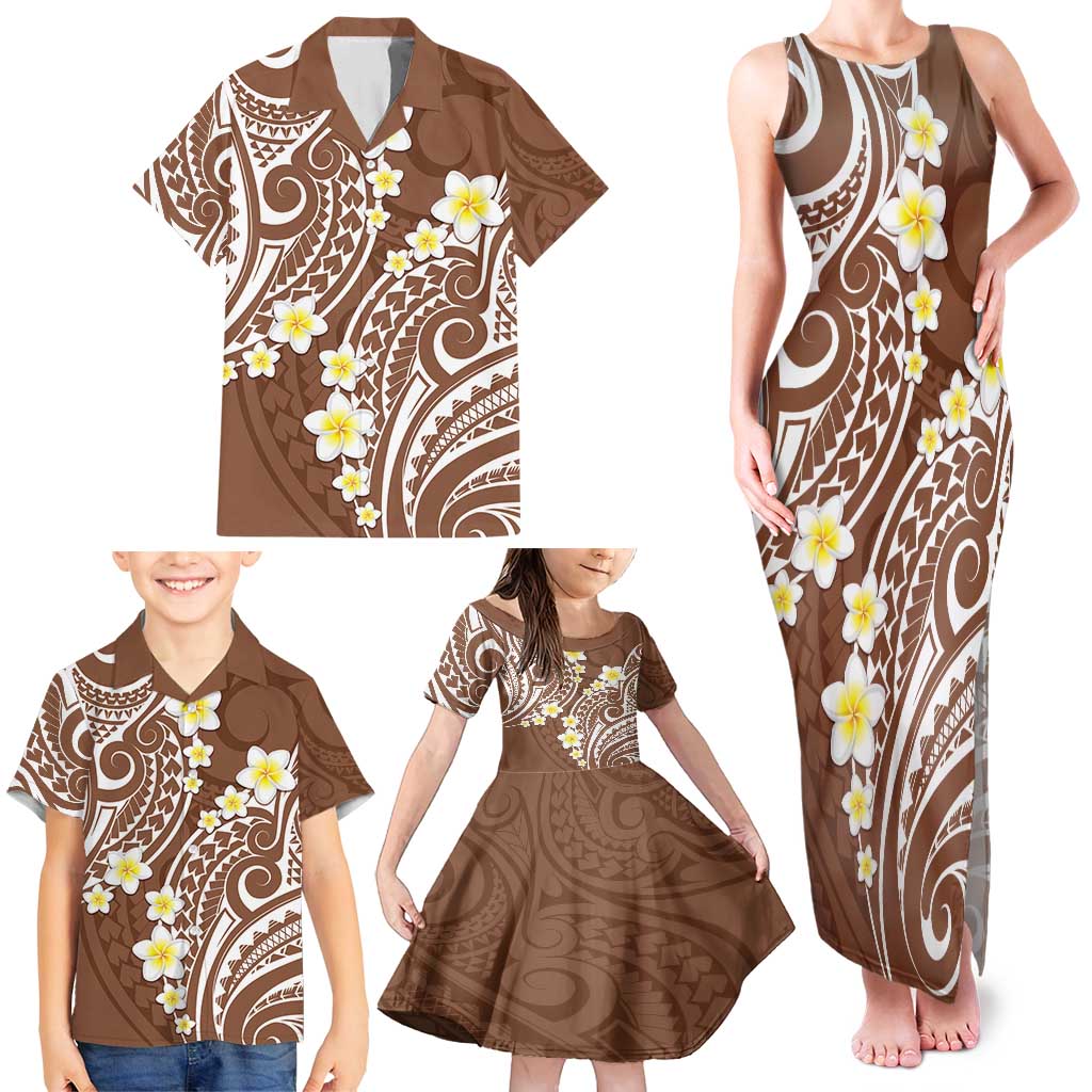 Plumeria With Brown Polynesian Tattoo Pattern Family Matching Tank Maxi Dress and Hawaiian Shirt