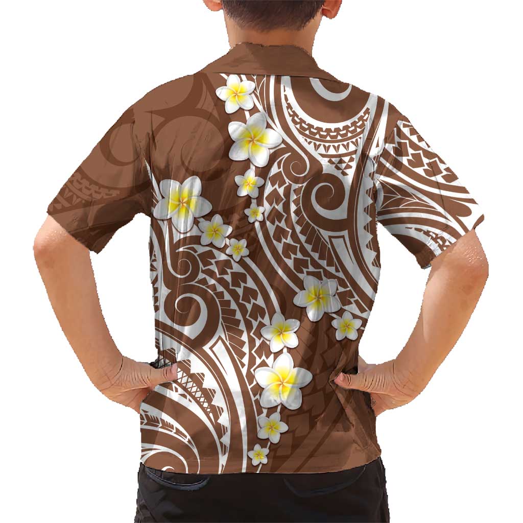 Plumeria With Brown Polynesian Tattoo Pattern Kid Hawaiian Shirt