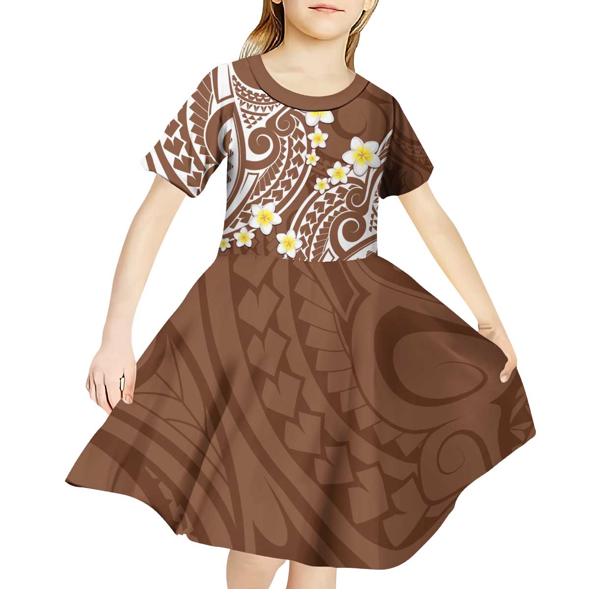 Plumeria With Brown Polynesian Tattoo Pattern Kid Short Sleeve Dress