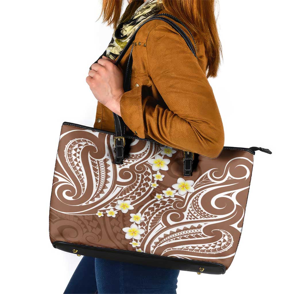 Plumeria With Brown Polynesian Tattoo Pattern Leather Tote Bag LT05 Brown - Polynesian Pride