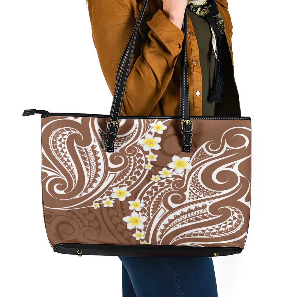 Plumeria With Brown Polynesian Tattoo Pattern Leather Tote Bag LT05 - Polynesian Pride