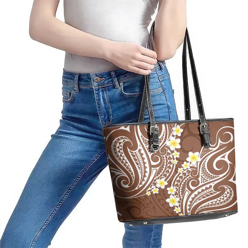 Plumeria With Brown Polynesian Tattoo Pattern Leather Tote Bag LT05 - Polynesian Pride