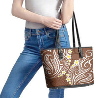Plumeria With Brown Polynesian Tattoo Pattern Leather Tote Bag LT05 - Polynesian Pride