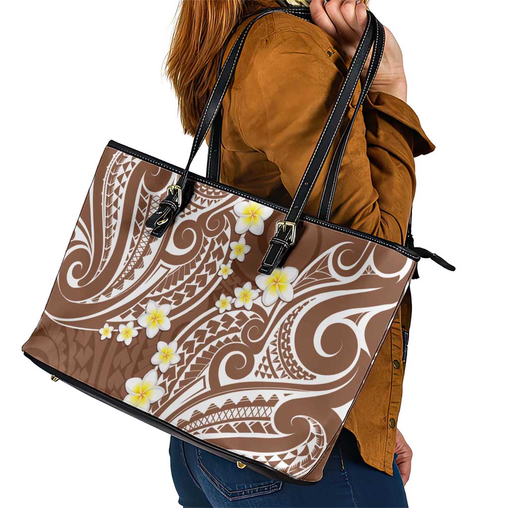 Plumeria With Brown Polynesian Tattoo Pattern Leather Tote Bag LT05 - Polynesian Pride
