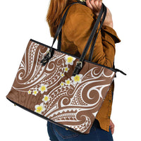 Plumeria With Brown Polynesian Tattoo Pattern Leather Tote Bag LT05 - Polynesian Pride