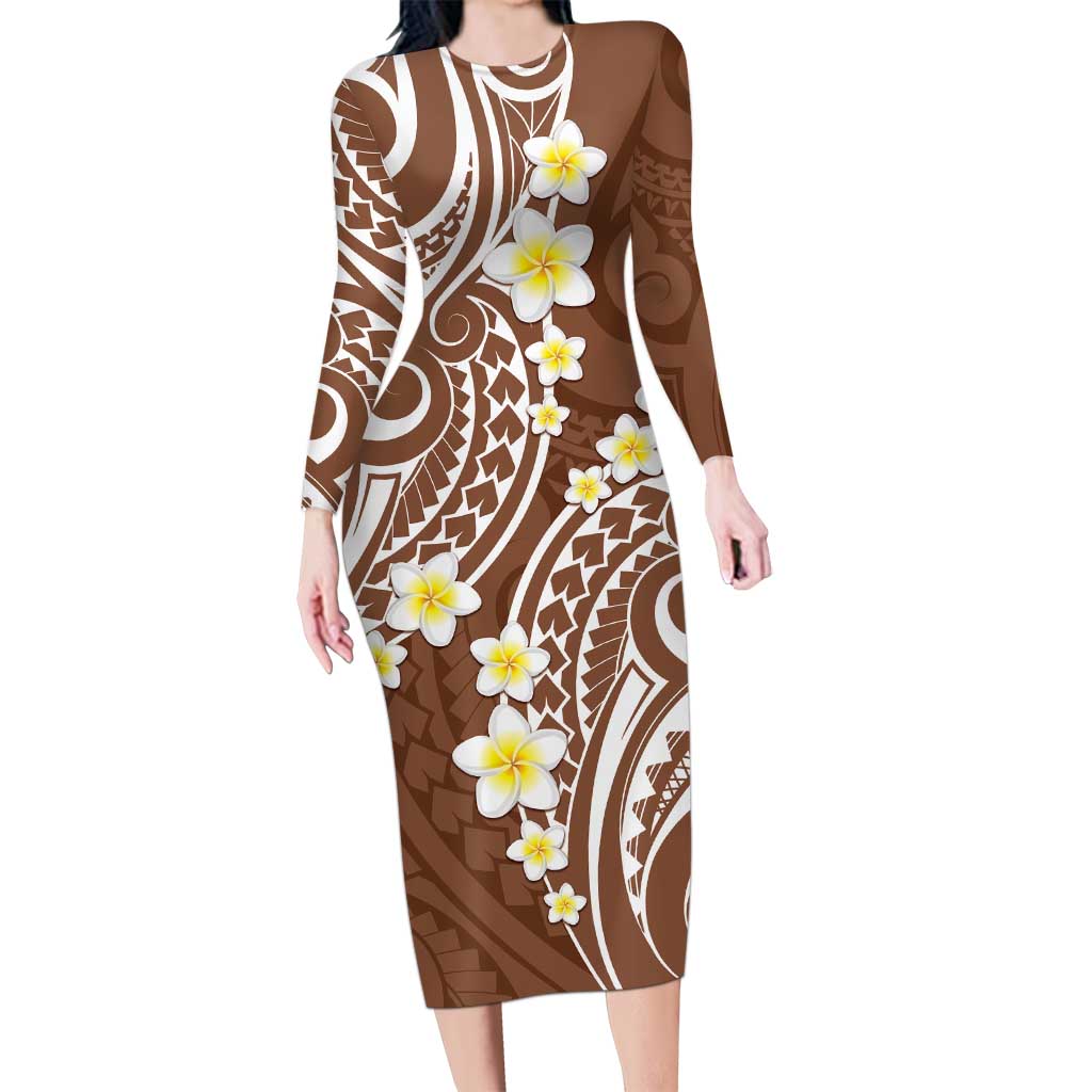 Plumeria With Brown Polynesian Tattoo Pattern Long Sleeve Bodycon Dress