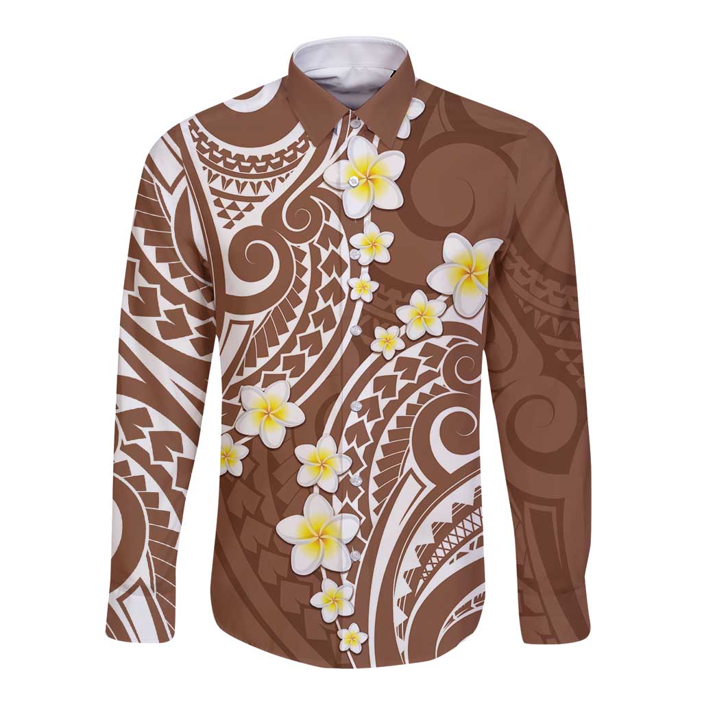 Plumeria With Brown Polynesian Tattoo Pattern Long Sleeve Button Shirt