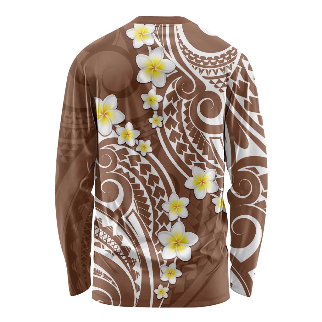Plumeria With Brown Polynesian Tattoo Pattern Long Sleeve Shirt