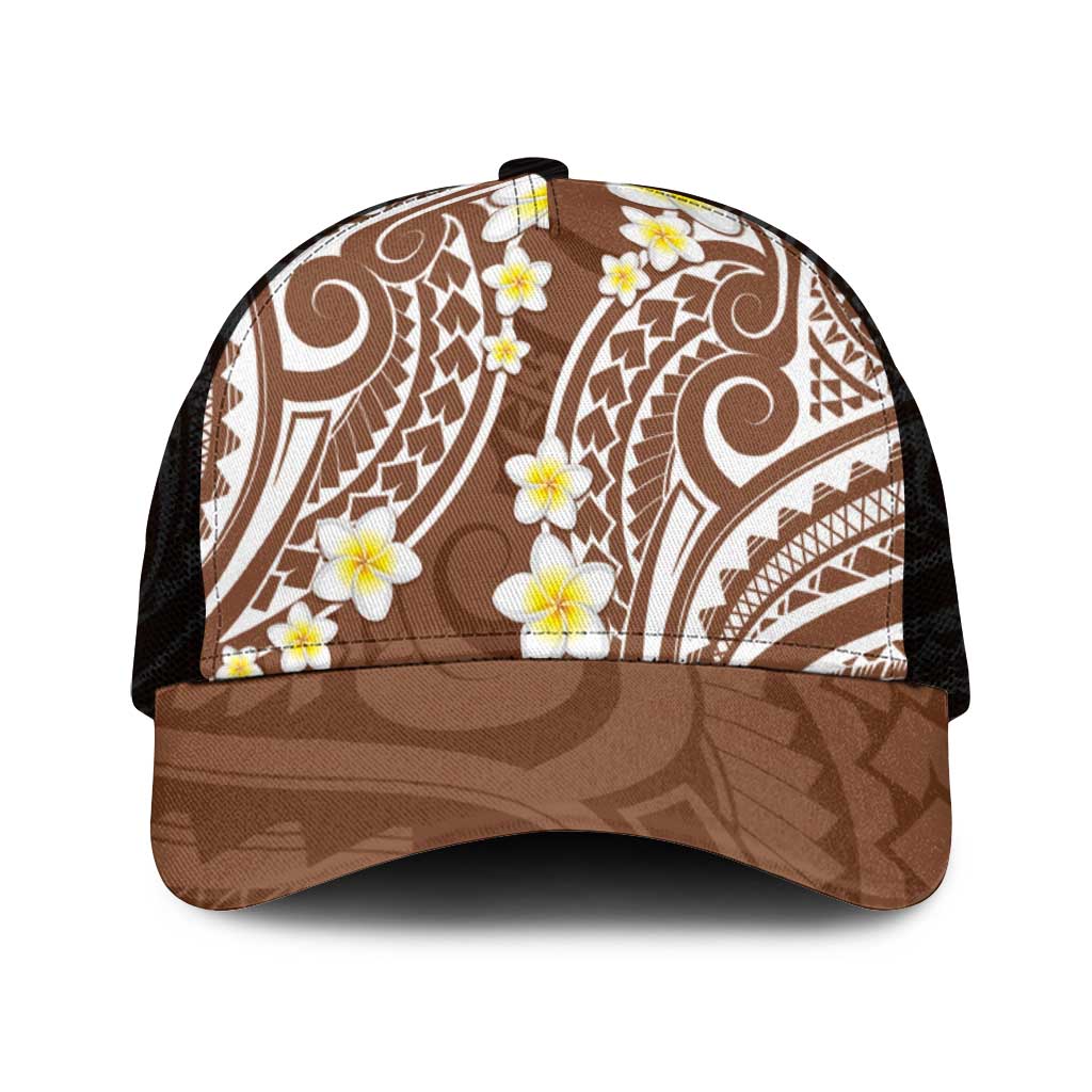 Plumeria With Brown Polynesian Tattoo Pattern Mesh Trucker Cap - Polynesian Pride