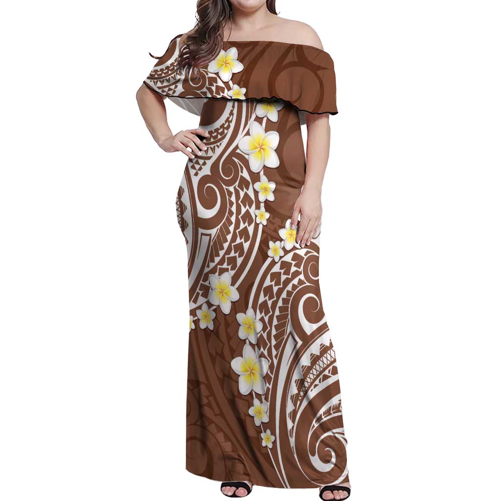 Plumeria With Brown Polynesian Tattoo Pattern Off Shoulder Maxi Dress
