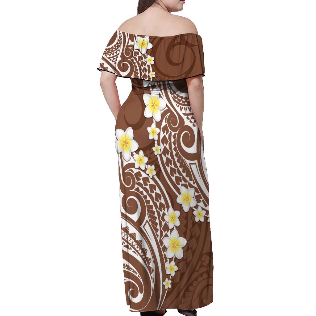 Plumeria With Brown Polynesian Tattoo Pattern Off Shoulder Maxi Dress