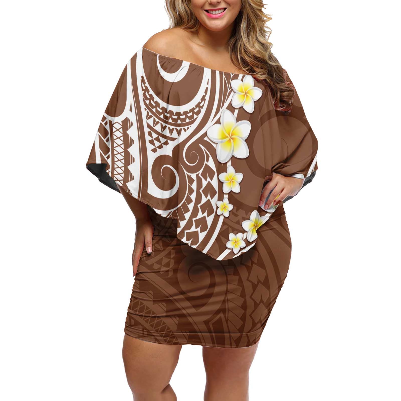 Plumeria With Brown Polynesian Tattoo Pattern Off Shoulder Short Dress LT05 Women Brown - Polynesian Pride
