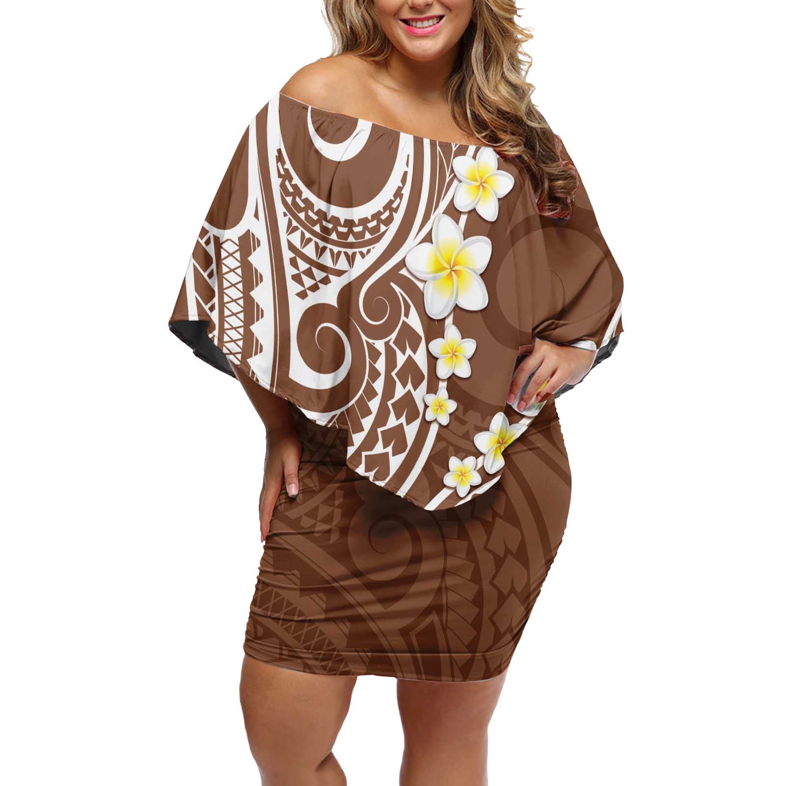 Plumeria With Brown Polynesian Tattoo Pattern Off Shoulder Short Dress