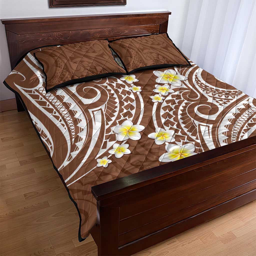 Plumeria With Brown Polynesian Tattoo Pattern Quilt Bed Set LT05 - Polynesian Pride