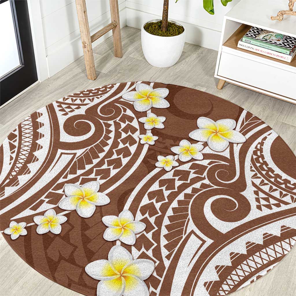 Plumeria With Brown Polynesian Tattoo Pattern Round Carpet