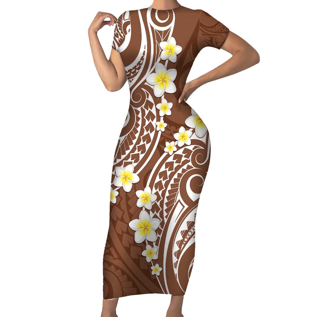 Plumeria With Brown Polynesian Tattoo Pattern Short Sleeve Bodycon Dress