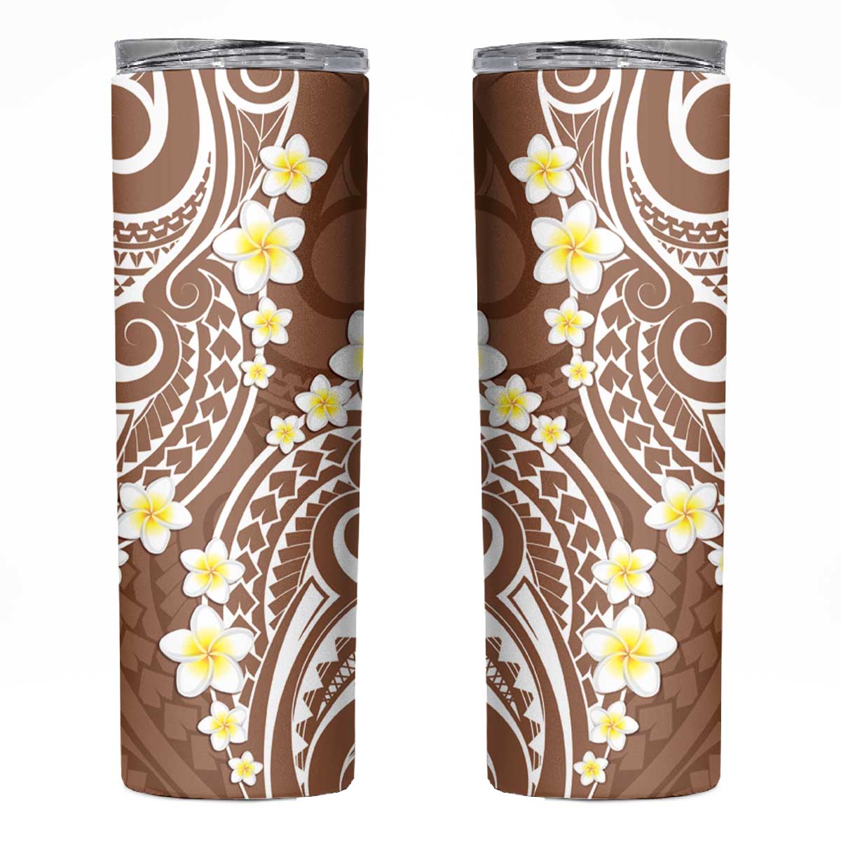 Plumeria With Brown Polynesian Tattoo Pattern Skinny Tumbler LT05 Brown - Polynesian Pride