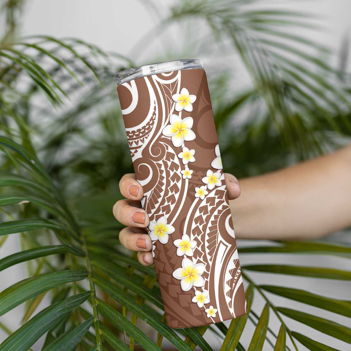Plumeria With Brown Polynesian Tattoo Pattern Skinny Tumbler LT05 - Polynesian Pride