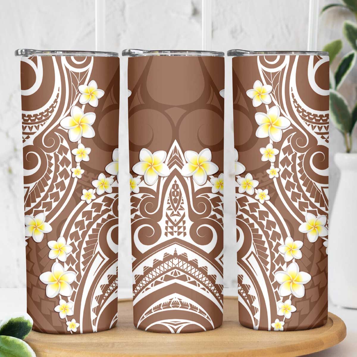 Plumeria With Brown Polynesian Tattoo Pattern Skinny Tumbler LT05 - Polynesian Pride