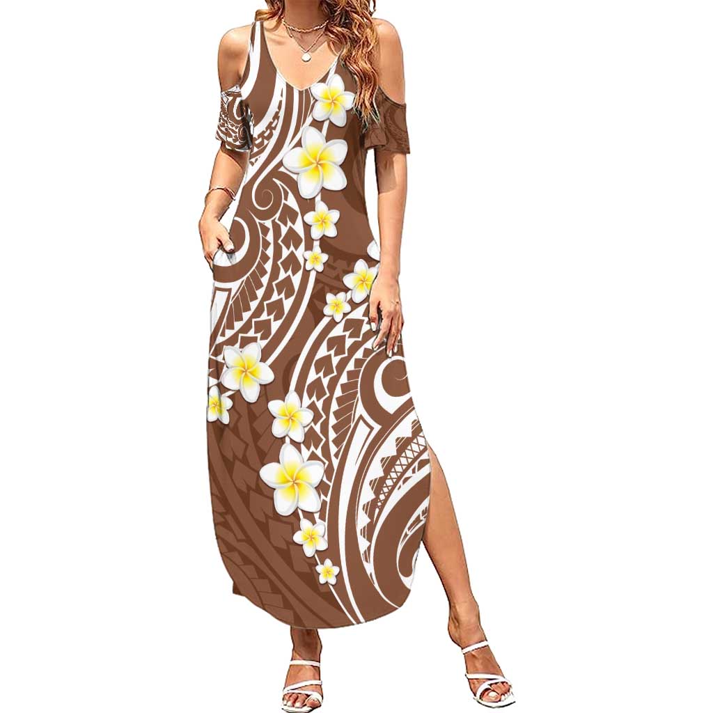 Plumeria With Brown Polynesian Tattoo Pattern Summer Maxi Dress