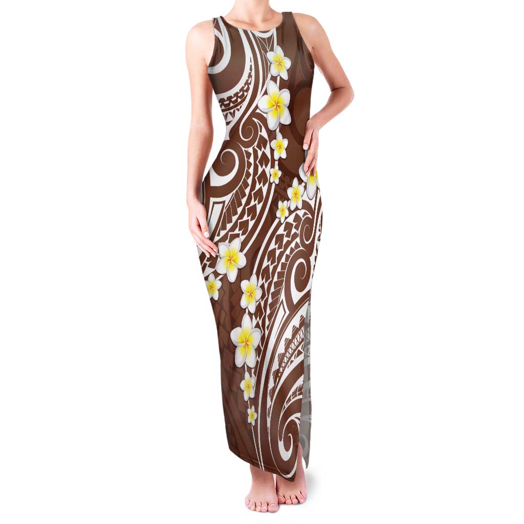 Plumeria With Brown Polynesian Tattoo Pattern Tank Maxi Dress