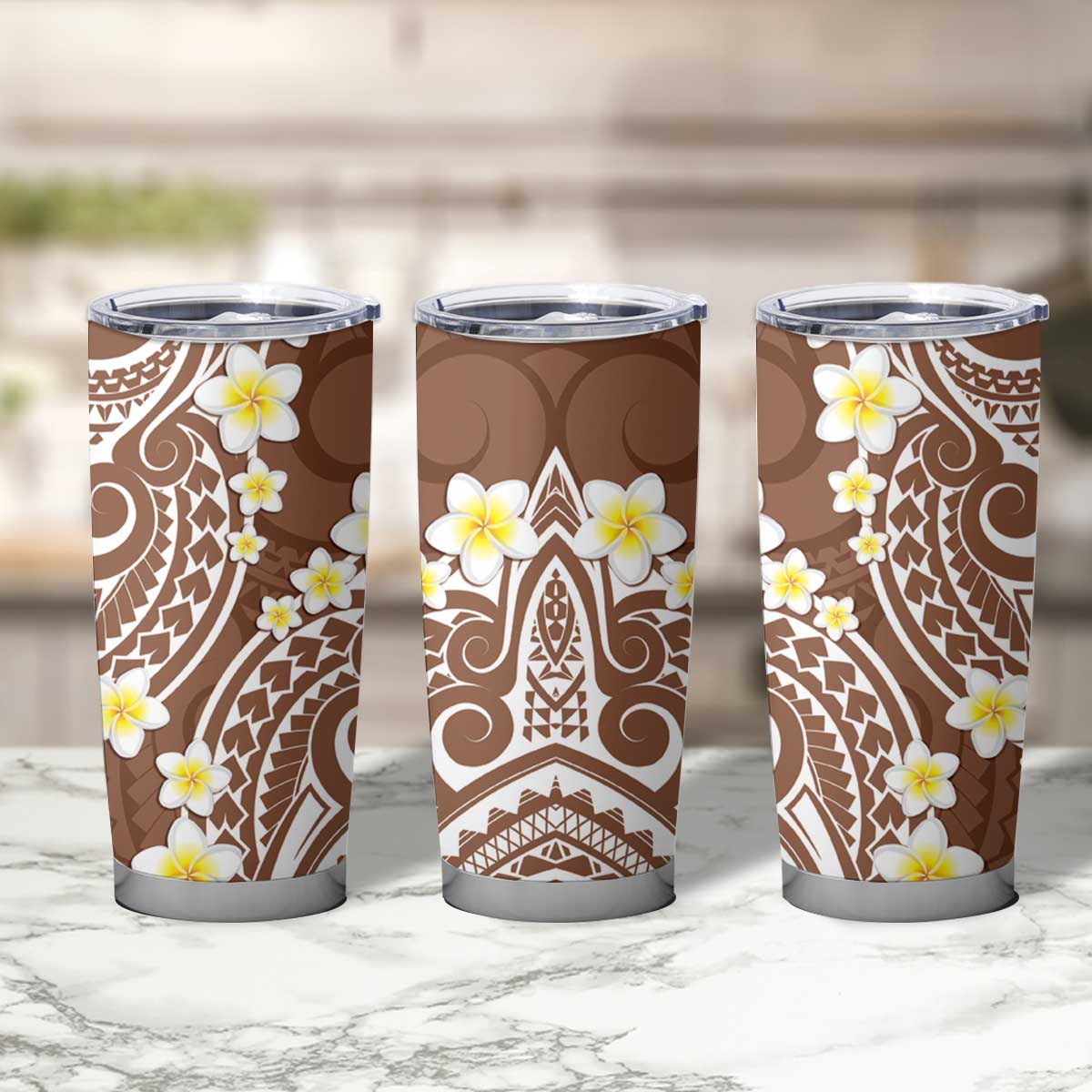 Plumeria With Brown Polynesian Tattoo Pattern Tumbler Cup LT05 - Polynesian Pride