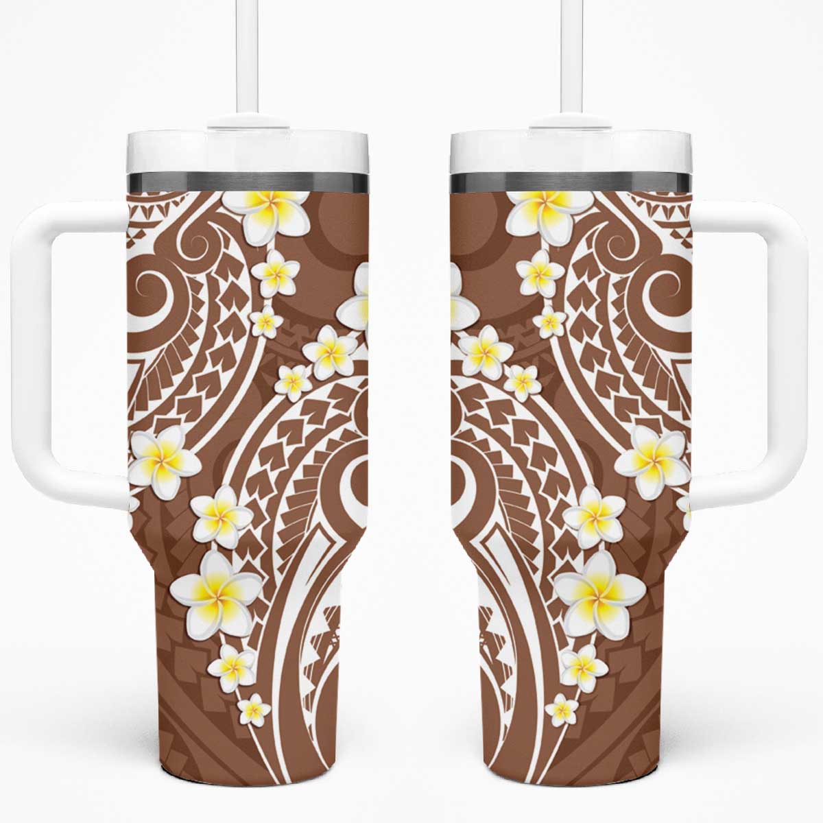 Plumeria With Brown Polynesian Tattoo Pattern Tumbler With Handle