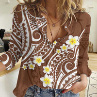 Plumeria With Brown Polynesian Tattoo Pattern Women Casual Shirt