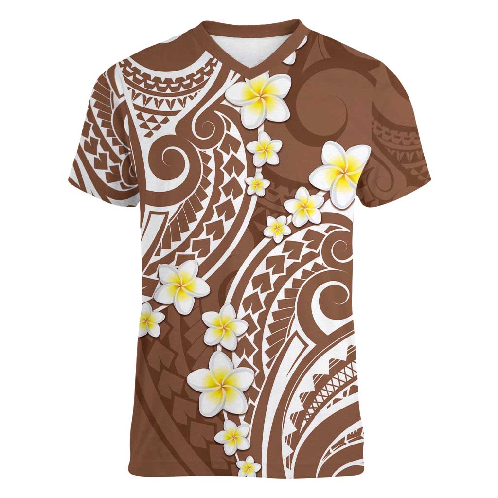 Plumeria With Brown Polynesian Tattoo Pattern Women V-Neck T-Shirt