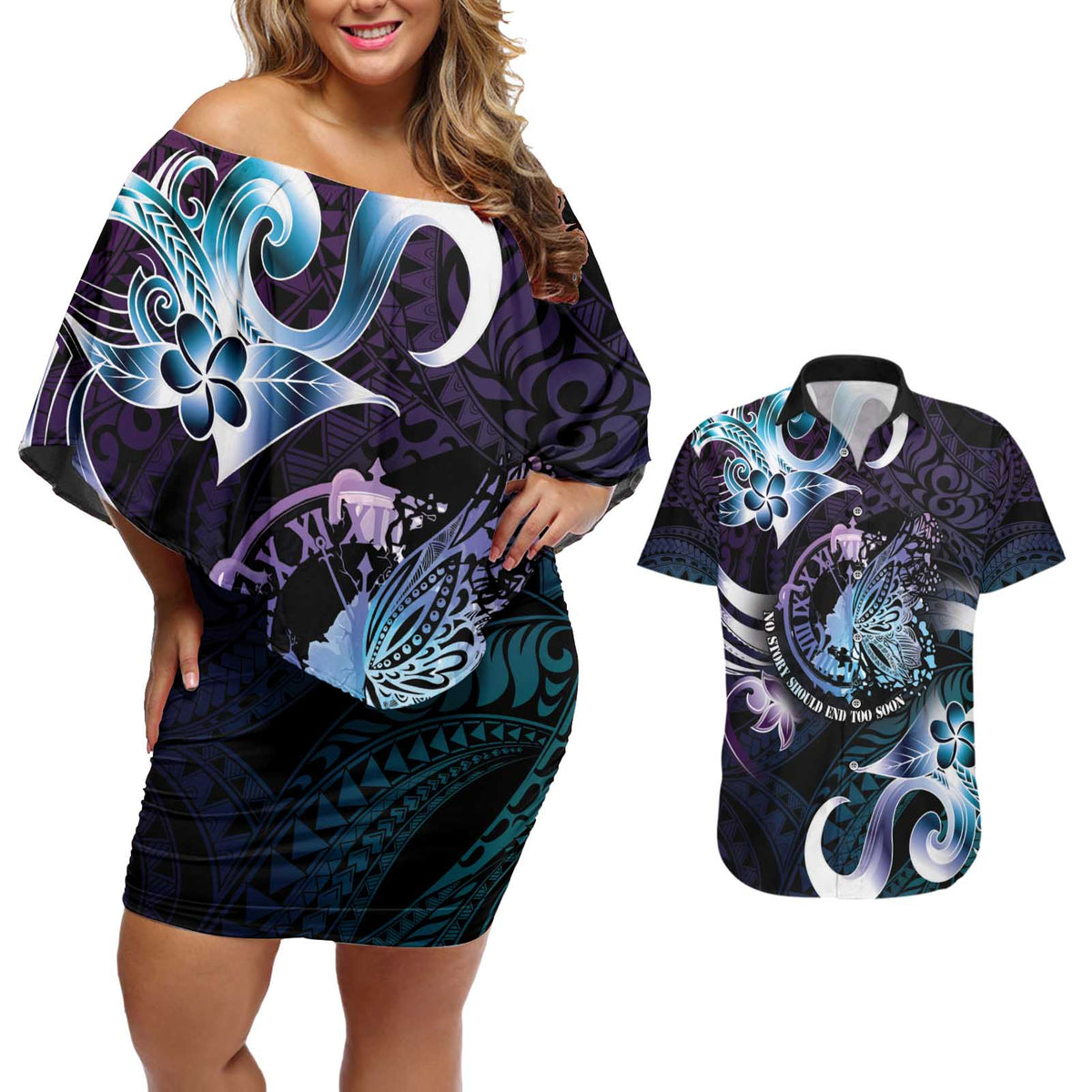 Personalised Polynesia Suicide Prevention Awareness Couples Matching Off Shoulder Short Dress and Hawaiian Shirt No Story Should End Too Soon LT05 Purple - Polynesian Pride