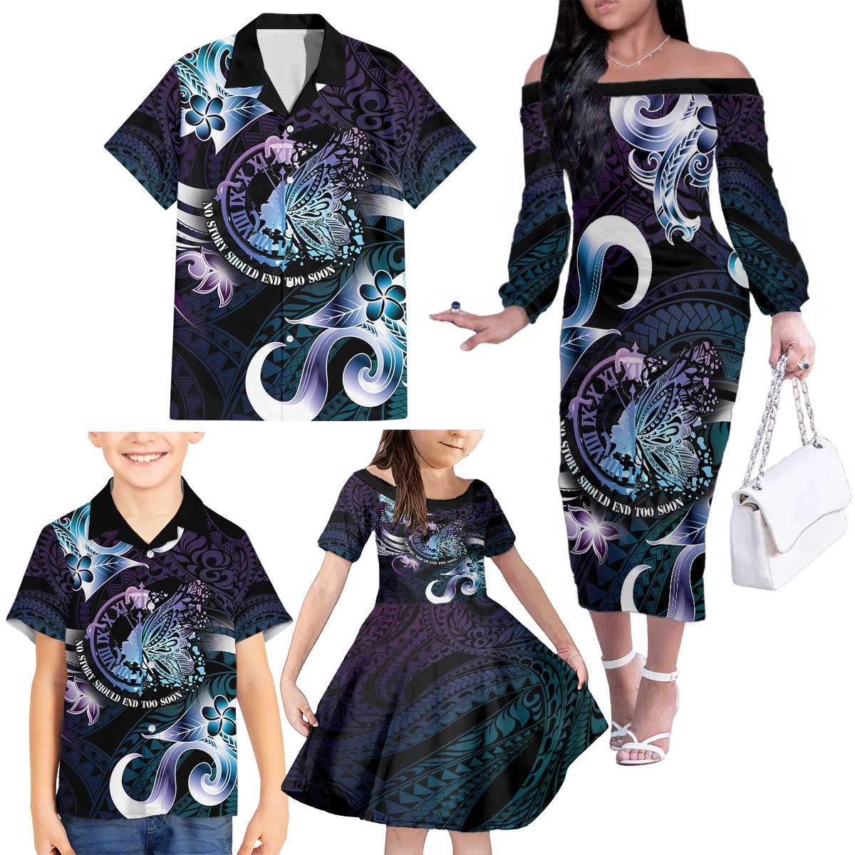 Personalised Polynesia Suicide Prevention Awareness Family Matching Off The Shoulder Long Sleeve Dress and Hawaiian Shirt No Story Should End Too Soon LT05 - Polynesian Pride