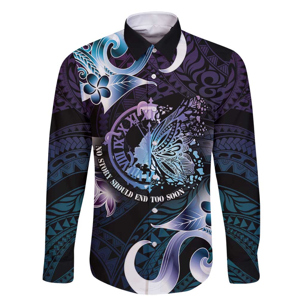 Personalised Polynesia Suicide Prevention Awareness Family Matching Off Shoulder Maxi Dress and Hawaiian Shirt No Story Should End Too Soon LT05 Dad's Shirt - Long Sleeve Purple - Polynesian Pride