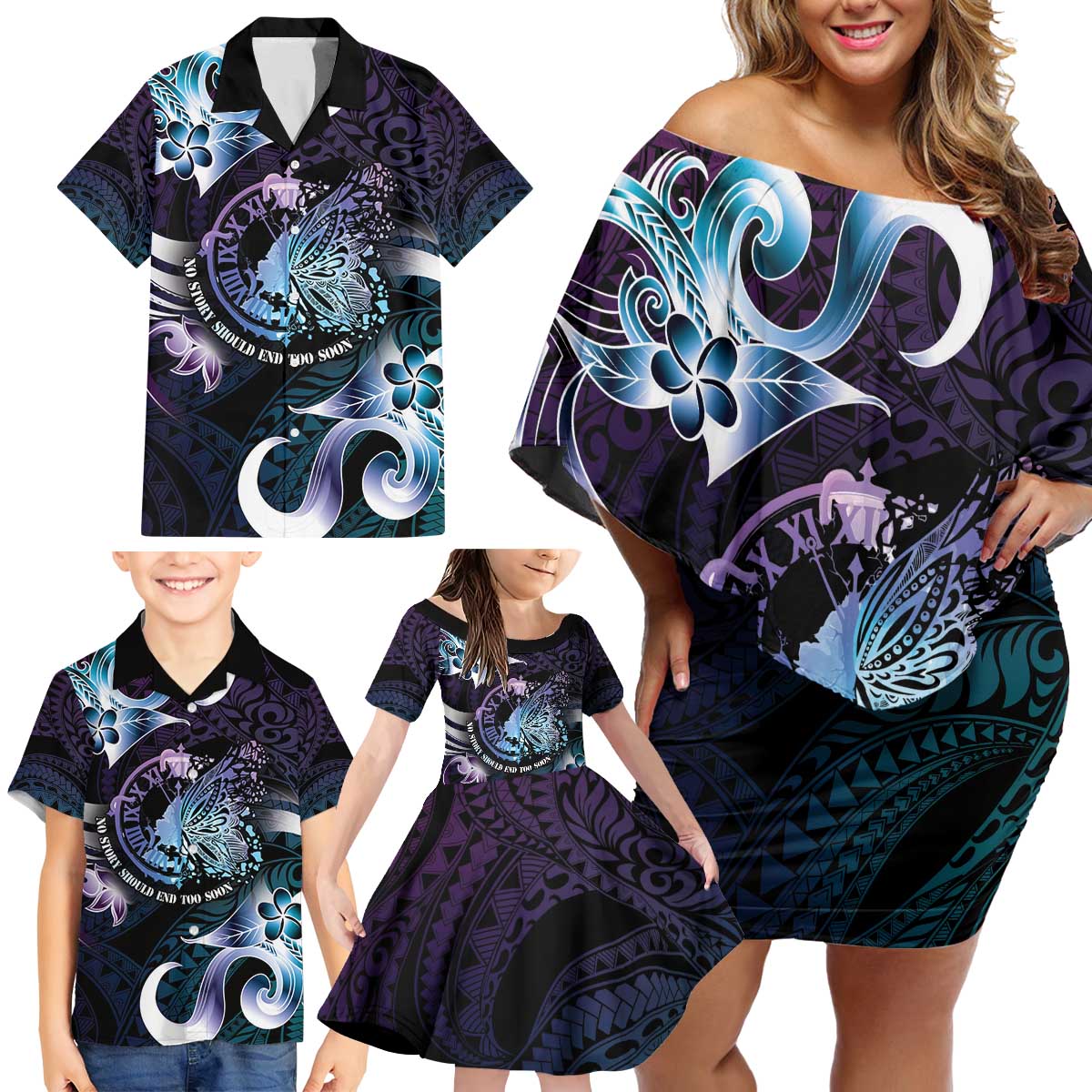 Personalised Polynesia Suicide Prevention Awareness Family Matching Off Shoulder Short Dress and Hawaiian Shirt No Story Should End Too Soon