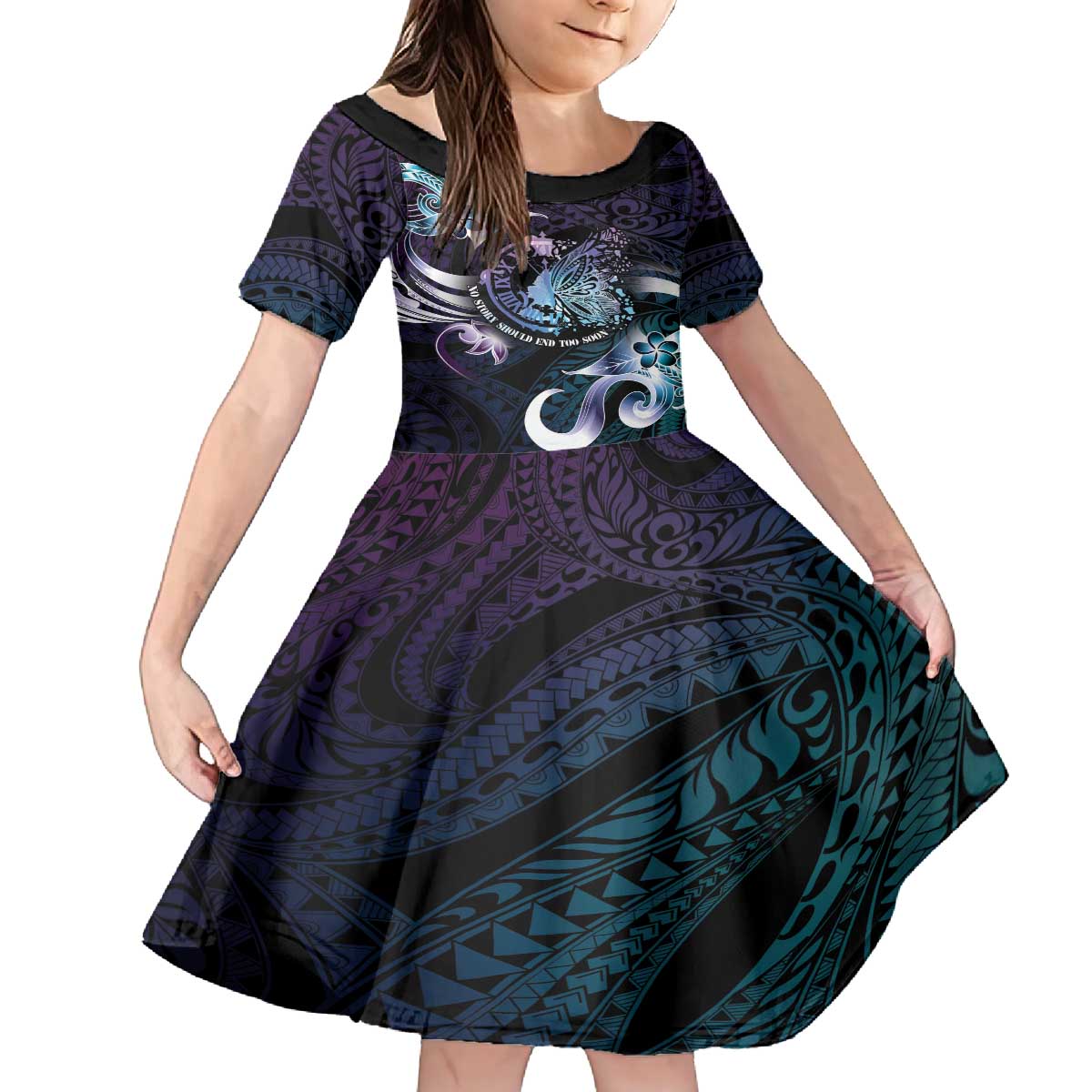 Personalised Polynesia Suicide Prevention Awareness Family Matching Puletasi and Hawaiian Shirt No Story Should End Too Soon LT05 Daughter's Dress Purple - Polynesian Pride
