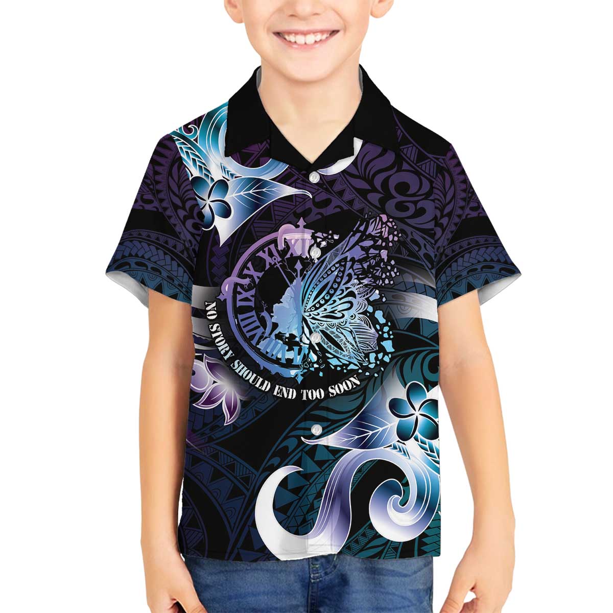 Personalised Polynesia Suicide Prevention Awareness Family Matching Puletasi and Hawaiian Shirt No Story Should End Too Soon LT05 Son's Shirt Purple - Polynesian Pride