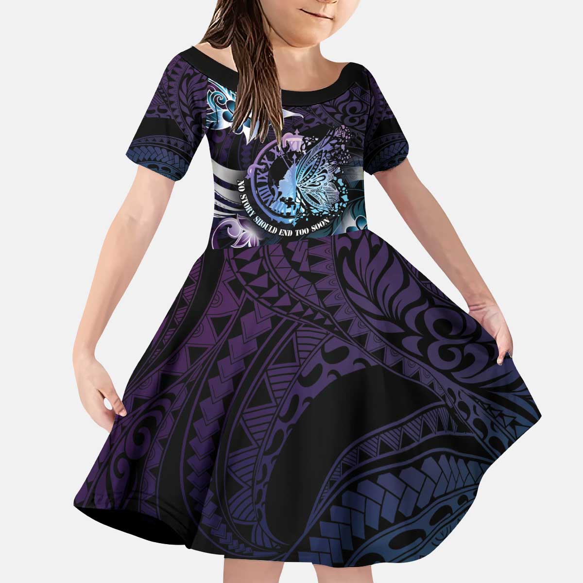 Personalised Polynesia Suicide Prevention Awareness Kid Short Sleeve Dress No Story Should End Too Soon