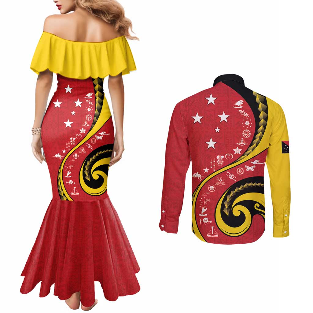 Papua New Guinea 50th Independence Anniversary Couples Matching Mermaid Dress and Long Sleeve Button Shirt Special Style Red Version LT05 - Polynesian Pride