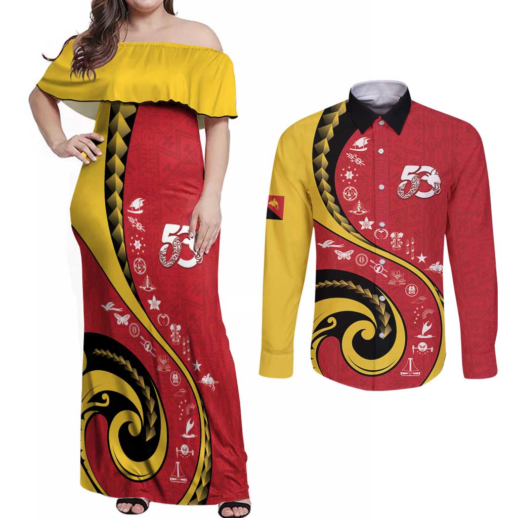 Papua New Guinea 50th Independence Anniversary Couples Matching Off Shoulder Maxi Dress and Long Sleeve Button Shirt Special Style Red Version LT05 Red - Polynesian Pride
