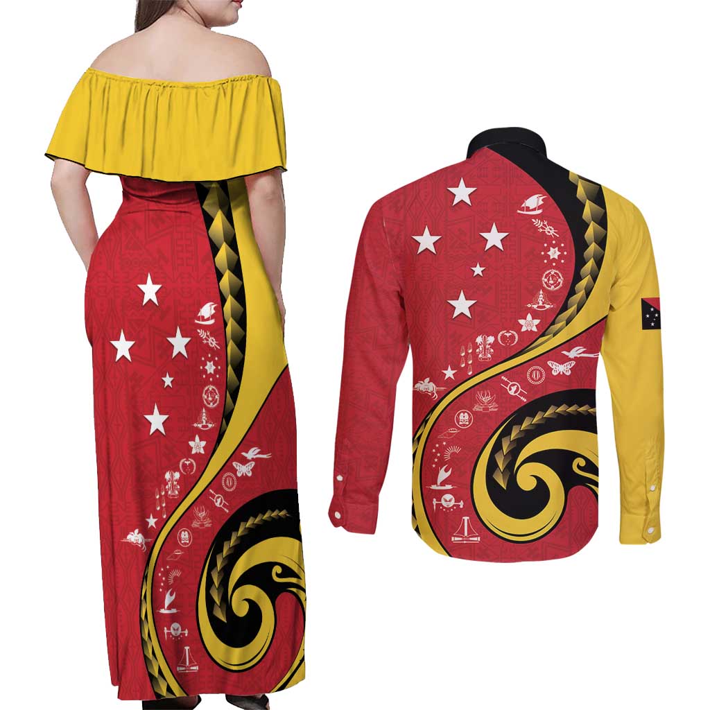 Papua New Guinea 50th Independence Anniversary Couples Matching Off Shoulder Maxi Dress and Long Sleeve Button Shirt Special Style Red Version LT05 - Polynesian Pride