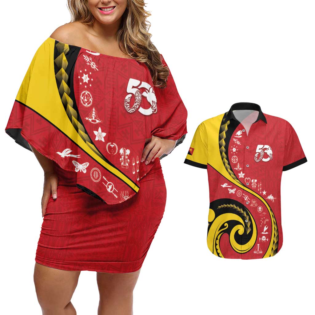 Papua New Guinea 50th Independence Anniversary Couples Matching Off Shoulder Short Dress and Hawaiian Shirt Special Style Red Version LT05 Red - Polynesian Pride