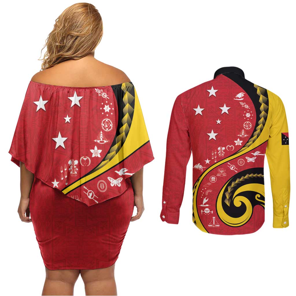 Papua New Guinea 50th Independence Anniversary Couples Matching Off Shoulder Short Dress and Long Sleeve Button Shirt Special Style Red Version LT05 - Polynesian Pride
