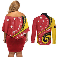 Papua New Guinea 50th Independence Anniversary Couples Matching Off Shoulder Short Dress and Long Sleeve Button Shirt Special Style Red Version LT05 - Polynesian Pride