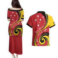 Papua New Guinea 50th Independence Anniversary Couples Matching Puletasi and Hawaiian Shirt Special Style Red Version LT05 - Polynesian Pride