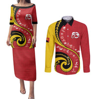 Papua New Guinea 50th Independence Anniversary Couples Matching Puletasi and Long Sleeve Button Shirt Special Style Red Version LT05 Red - Polynesian Pride