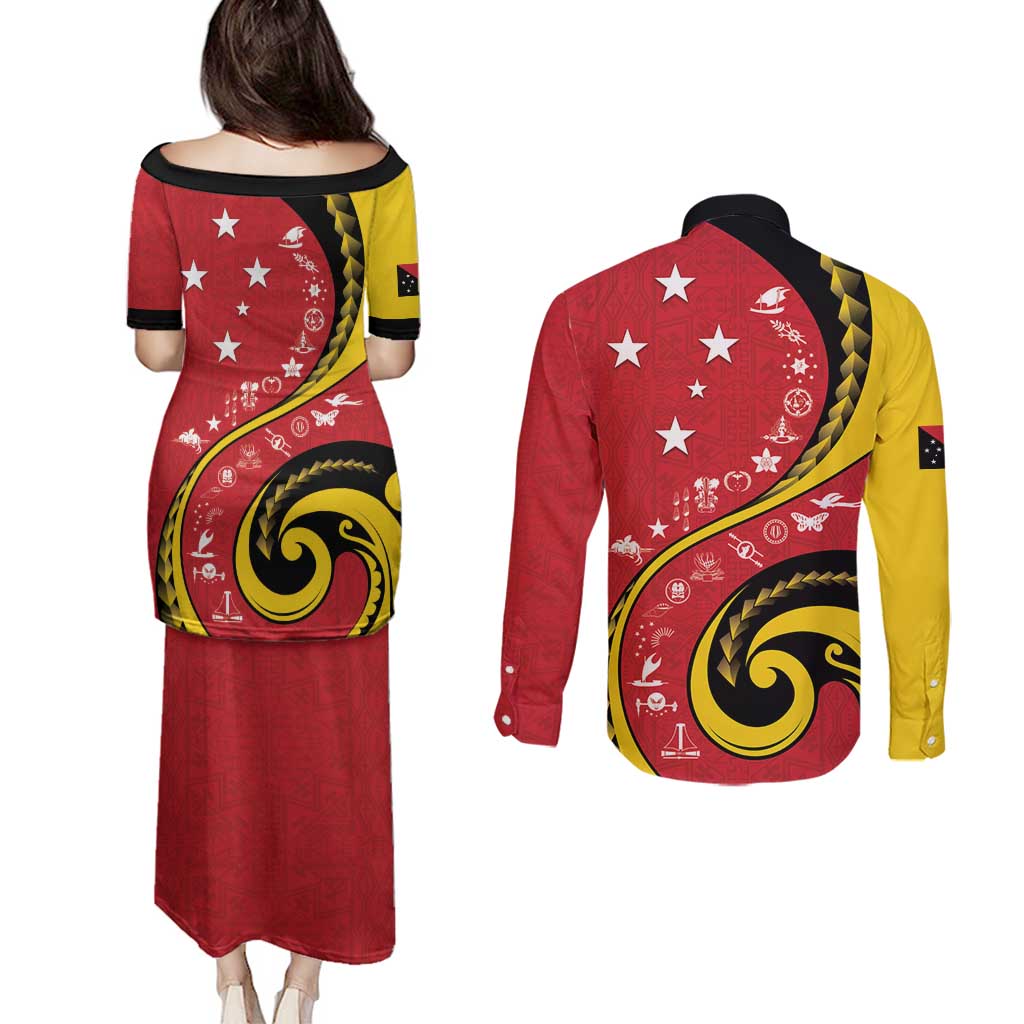 Papua New Guinea 50th Independence Anniversary Couples Matching Puletasi and Long Sleeve Button Shirt Special Style Red Version LT05 - Polynesian Pride
