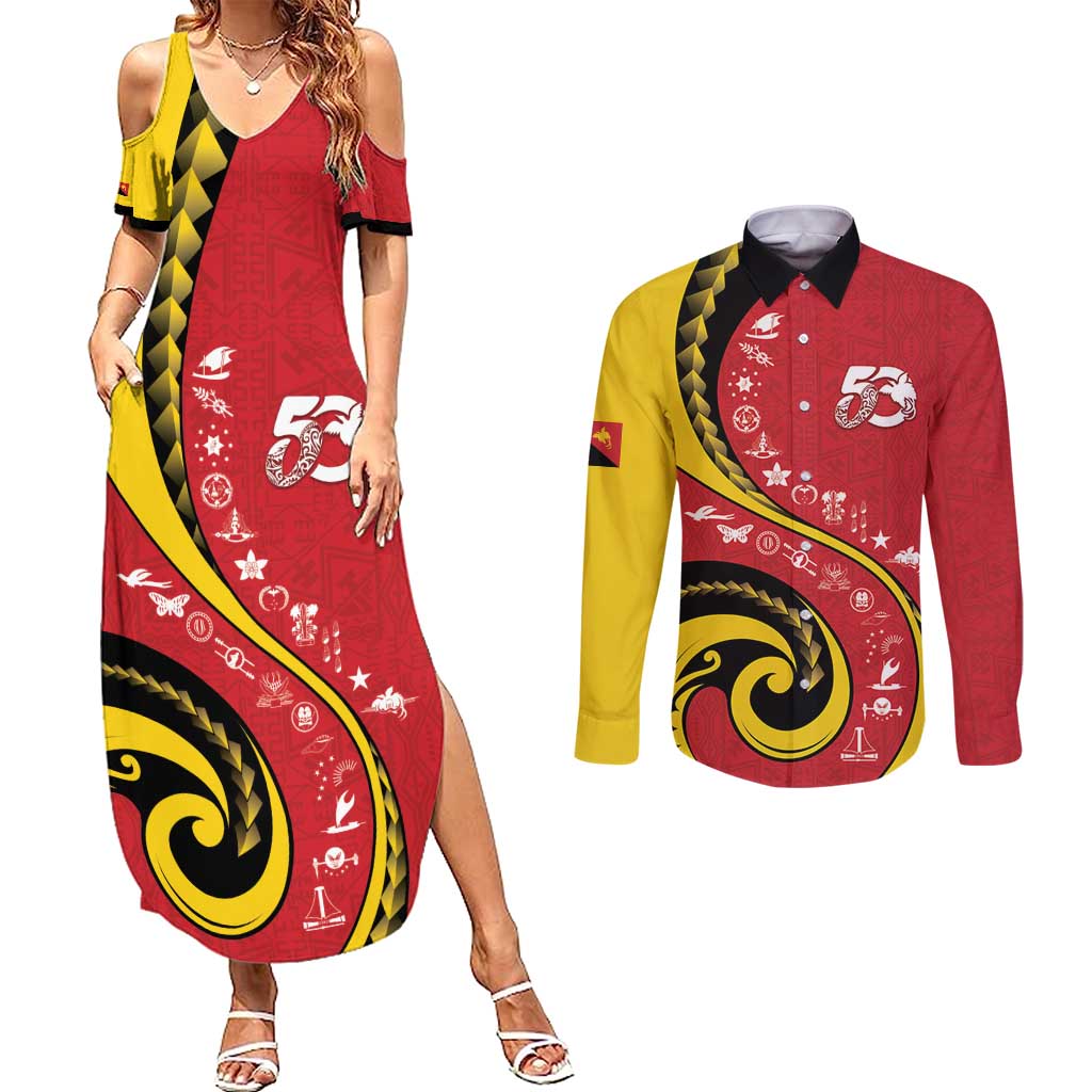 Papua New Guinea 50th Independence Anniversary Couples Matching Summer Maxi Dress and Long Sleeve Button Shirt Special Style Red Version LT05 Red - Polynesian Pride