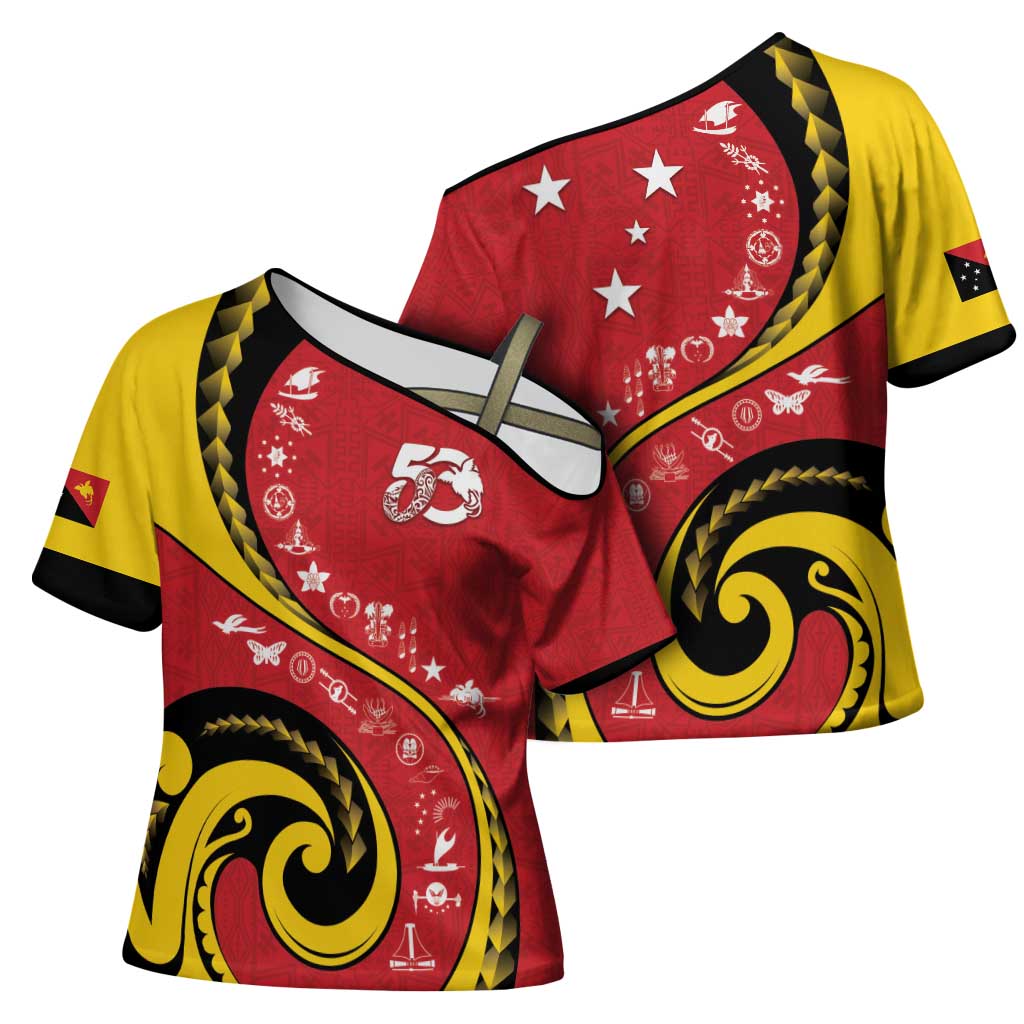 Papua New Guinea 50th Independence Anniversary Cross Shoulder Shirt Special Style Red Version - Polynesian Pride