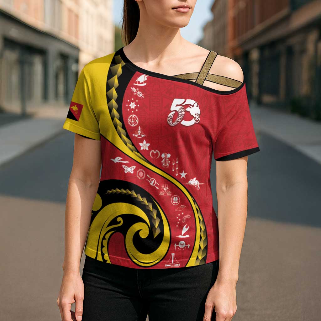 Papua New Guinea 50th Independence Anniversary Cross Shoulder Shirt Special Style Red Version - Polynesian Pride