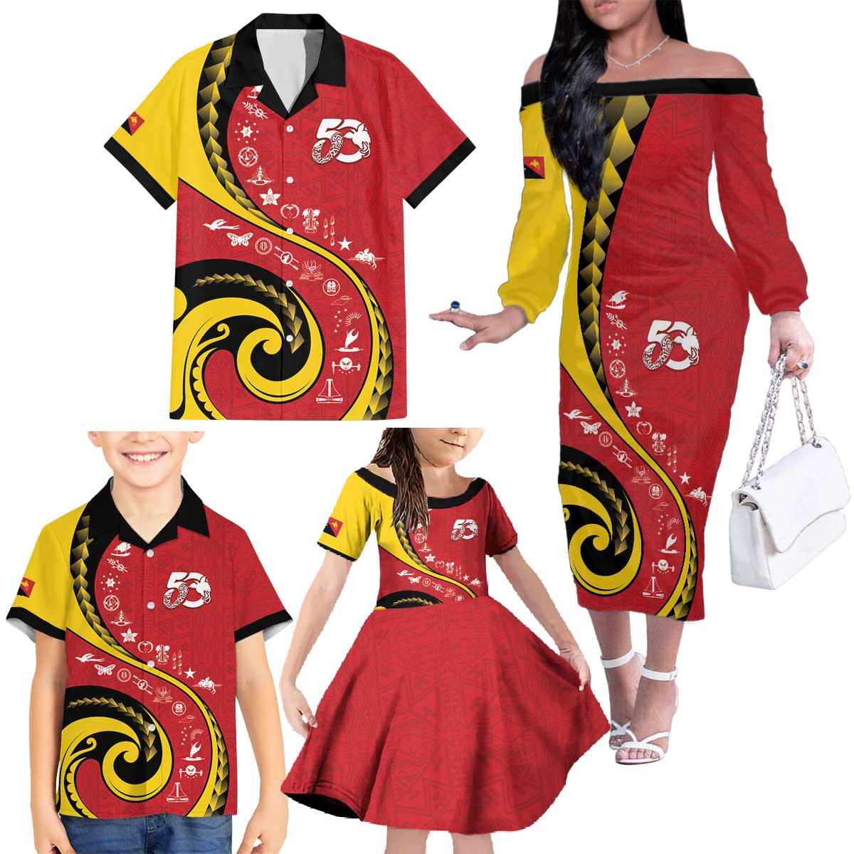 Papua New Guinea 50th Independence Anniversary Family Matching Off The Shoulder Long Sleeve Dress and Hawaiian Shirt Special Style Red Version LT05 - Polynesian Pride