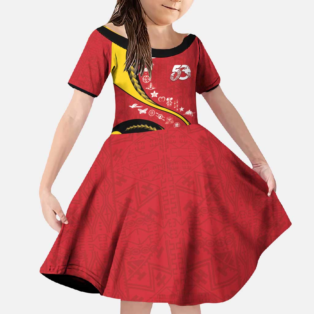 Papua New Guinea 50th Independence Anniversary Family Matching Off Shoulder Maxi Dress and Hawaiian Shirt Special Style Red Version - Polynesian Pride